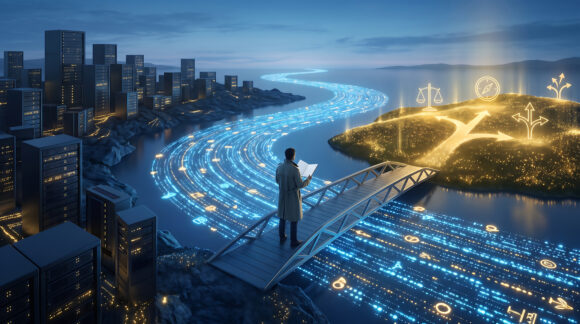 A person in a long coat stands on a bridge over a glowing river of digital data running between a city of server towers and a landscape of illuminated icons