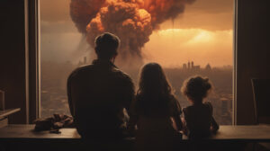 Family at a window watching a large explosion over a city