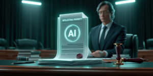 Enterprise ai legal document courtroom desk glowing intellectual property file evokes innovation