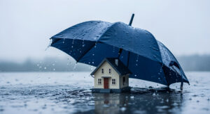 Small house on the water sheltered under a large blue umbrella in the rain