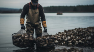 worker in oyster farm collecting cages with oysters.