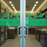 Glass doors decorated with cannabis leaf patterns at the entrance to a dispensary