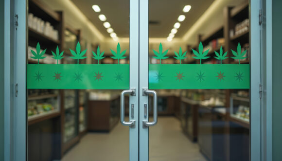 Glass doors decorated with cannabis leaf patterns at the entrance to a dispensary