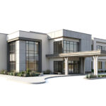 Modern commercial office building with a glass facade and entrance canopy