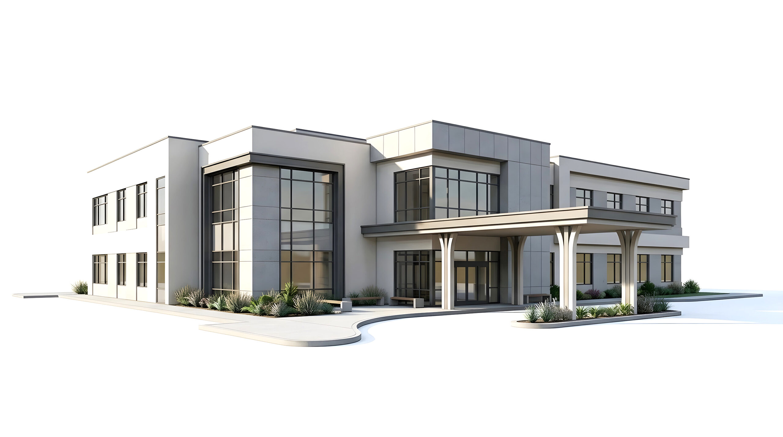 Modern commercial office building with a glass facade and entrance canopy