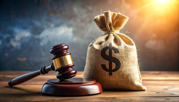 A judge's gavel next to a sack of money and gold coins in front of a balance scale
