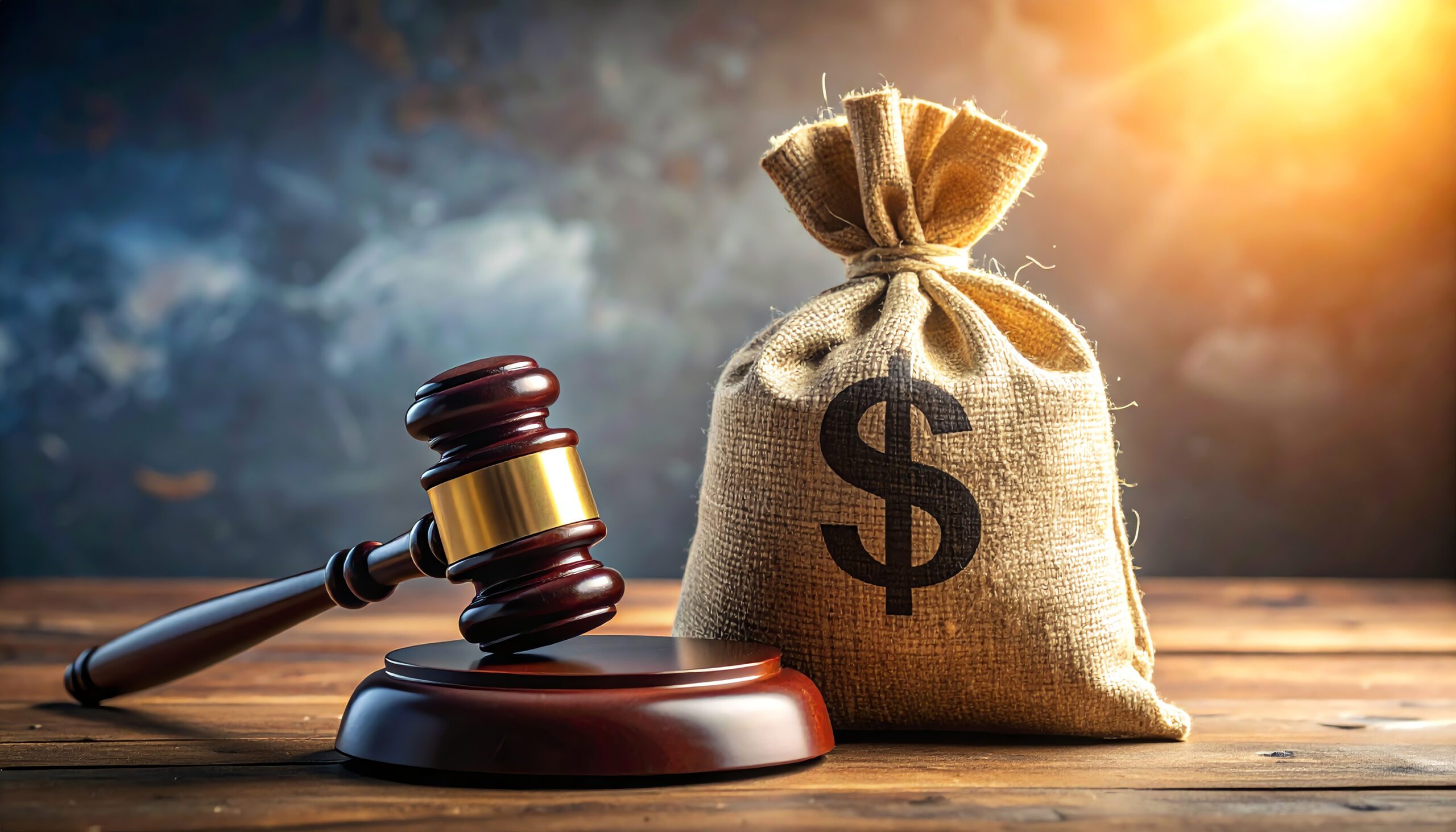A judge's gavel next to a sack of money and gold coins in front of a balance scale