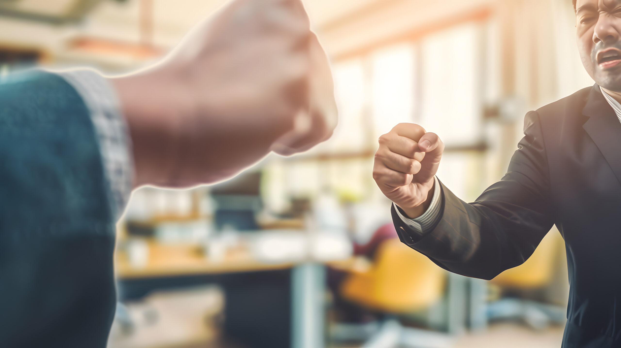Two men in business clothes face off in a tense confrontation, one with a clenched fist