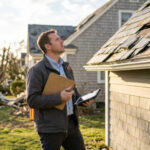 Insurance adjuster holding a clipboard and tablet inspects a storm-damaged roof with missing shingles
