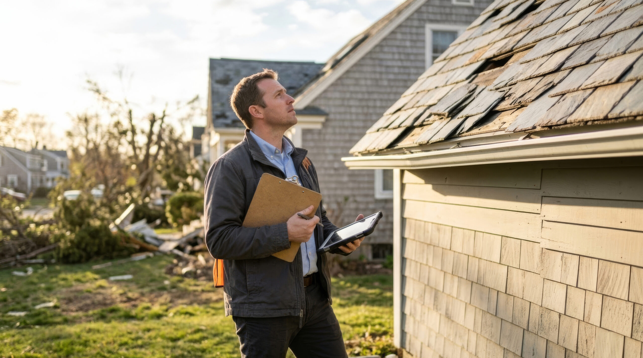 Insurance adjuster holding a clipboard and tablet inspects a storm-damaged roof with missing shingles