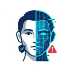Illustration of a face split down the middle, half human and half digital circuitry, with a check mark and a warning symbol