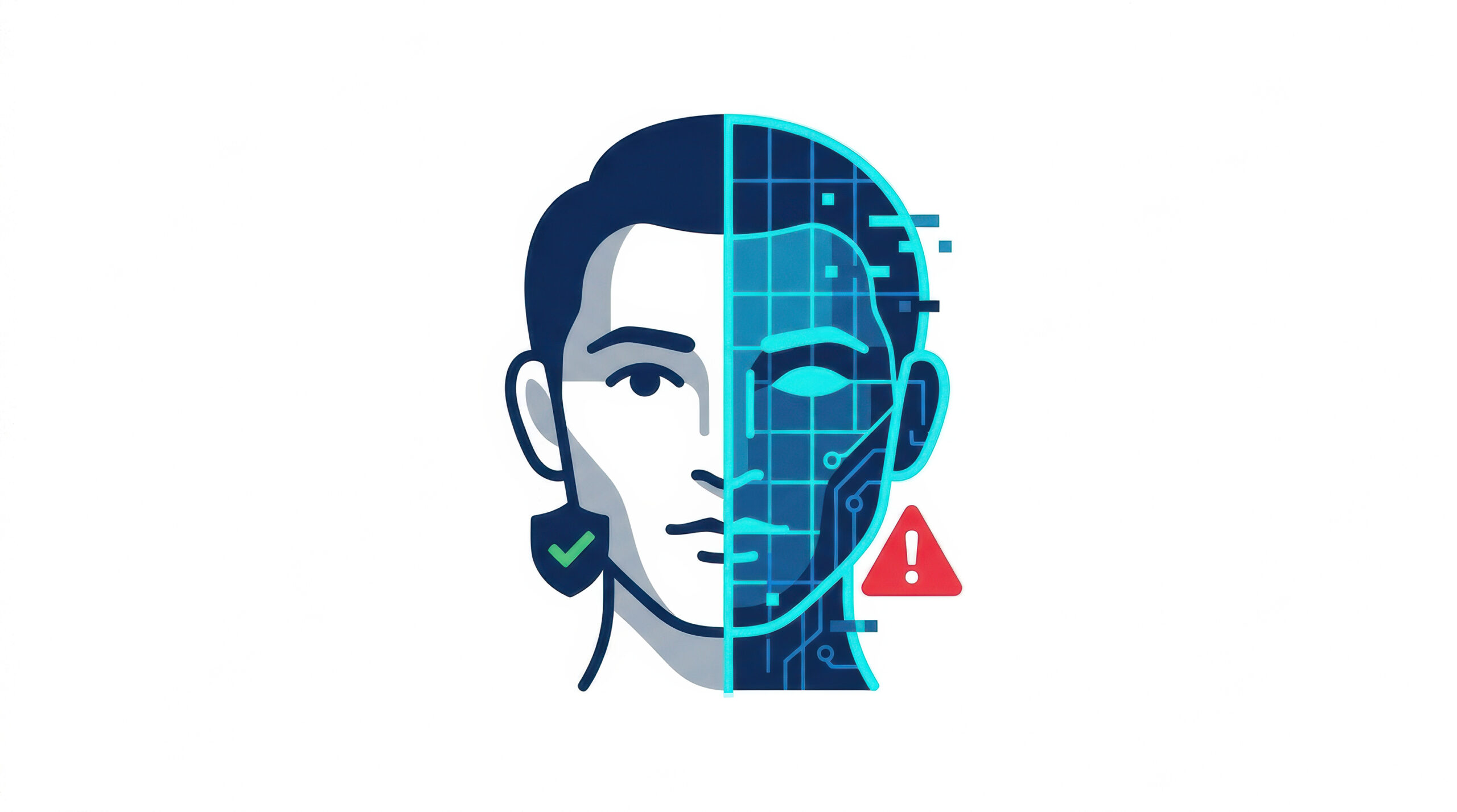 Illustration of a face split down the middle, half human and half digital circuitry, with a check mark and a warning symbol