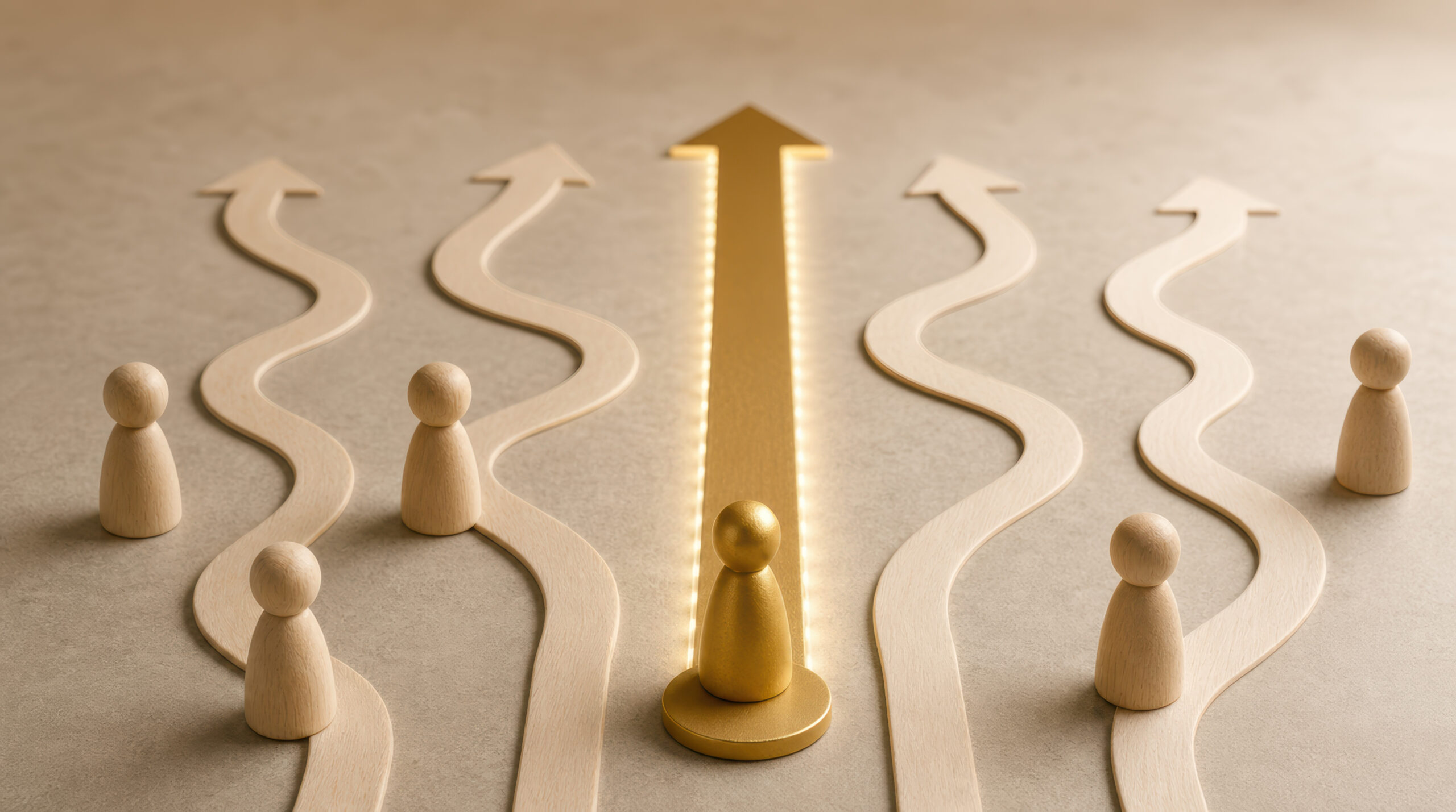 game pieces on a table with winding arrows symbolizing multiple paths to move forward