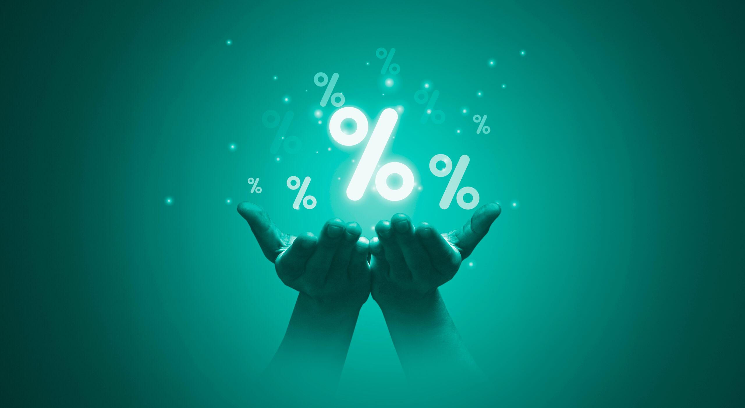 Two hand holding percentage symbol for financial banking increase interest rate or mortgage investment dividend from business growth concept.